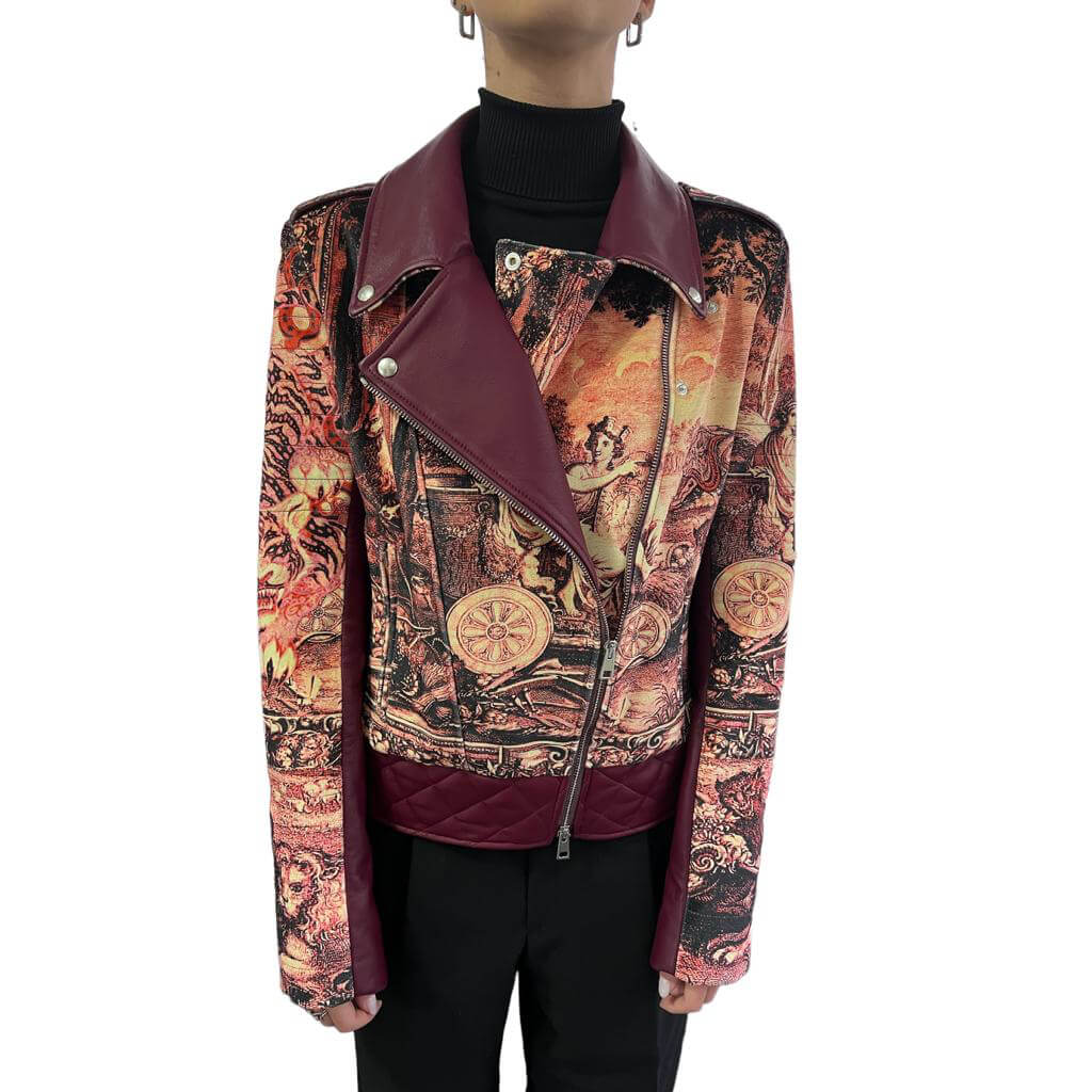 Giacca biker in velluto e pelle "Tapestry Pearly Ruby"