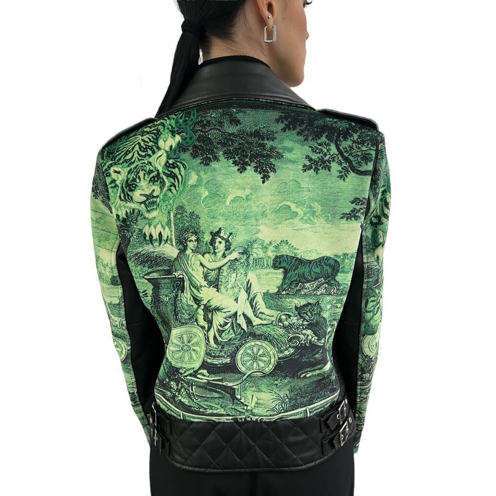 Giacca biker in velluto e pelle "Tapestry Jade"